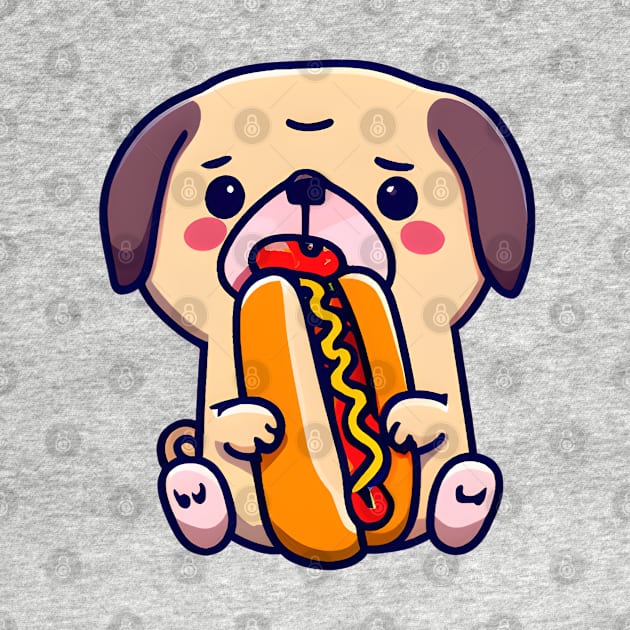 Cute Pug Dog Eating a Hot Dog - Kawaii Pug - Fun Puppy - Look at Those Eyes by 1FunLife